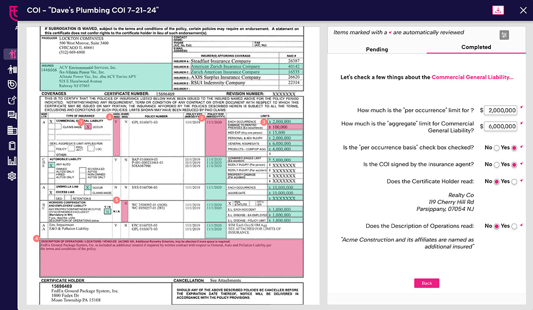 Automated insurance review in the bcs platform