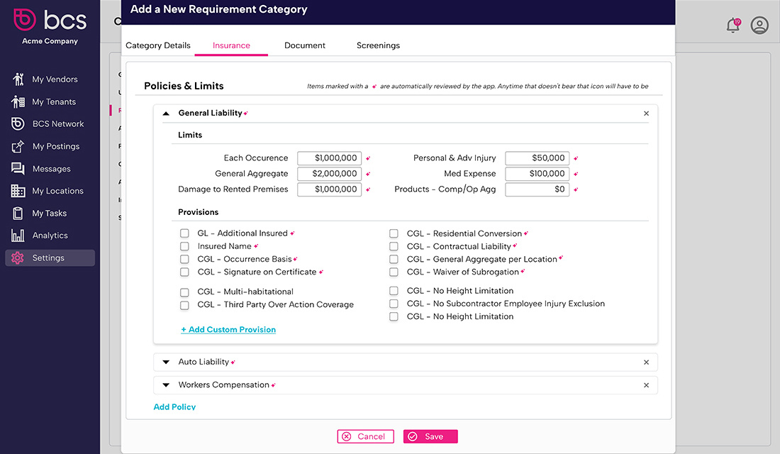 Requirement categories in the bcs platform