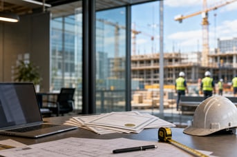 A construction site/ office with paperwork and COIs on the desk