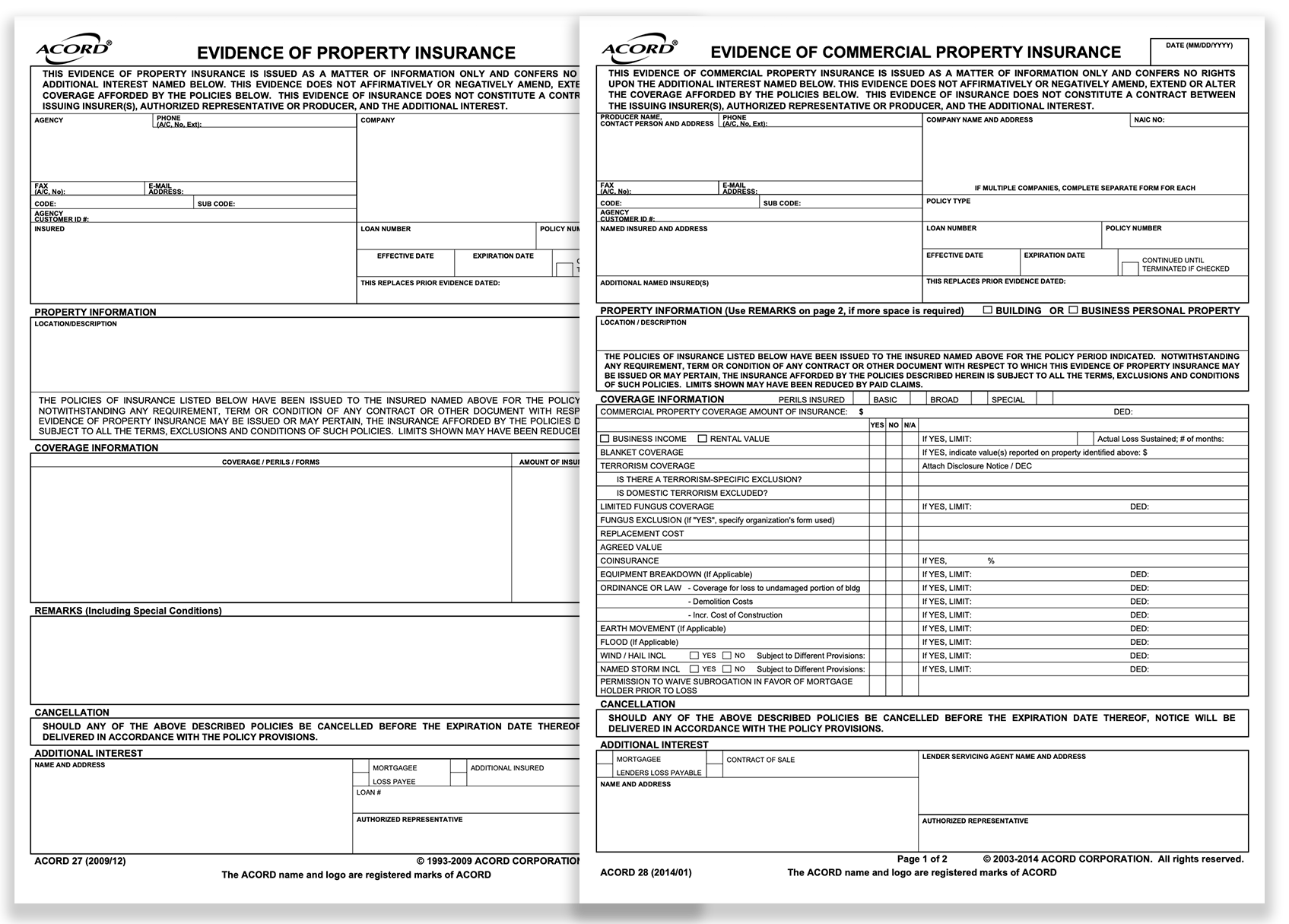 Acord 27 & Acord 28 Evidence of Property Insurance