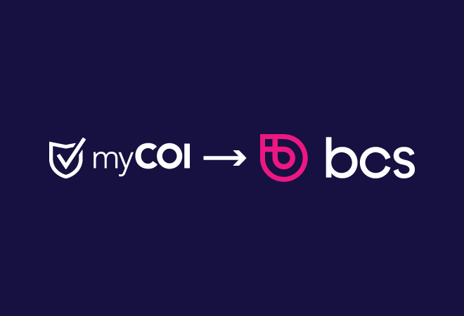 A graphic with the myCOI logo on the left with an arrow in the center pointing to the bcs logo signifying transitioning from one product to the next.
