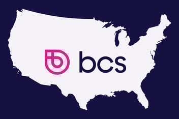 The bcs logo over a white silhouette of a US map on a field of indigo.