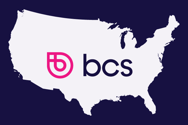 The bcs logo over a white silhouette of a US map on a field of indigo.