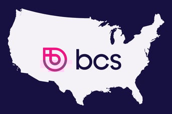 The bcs logo over a white silhouette of a US map on a field of indigo.