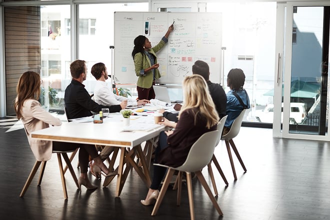A team of people reviewing information on whiteboard in a conference room.