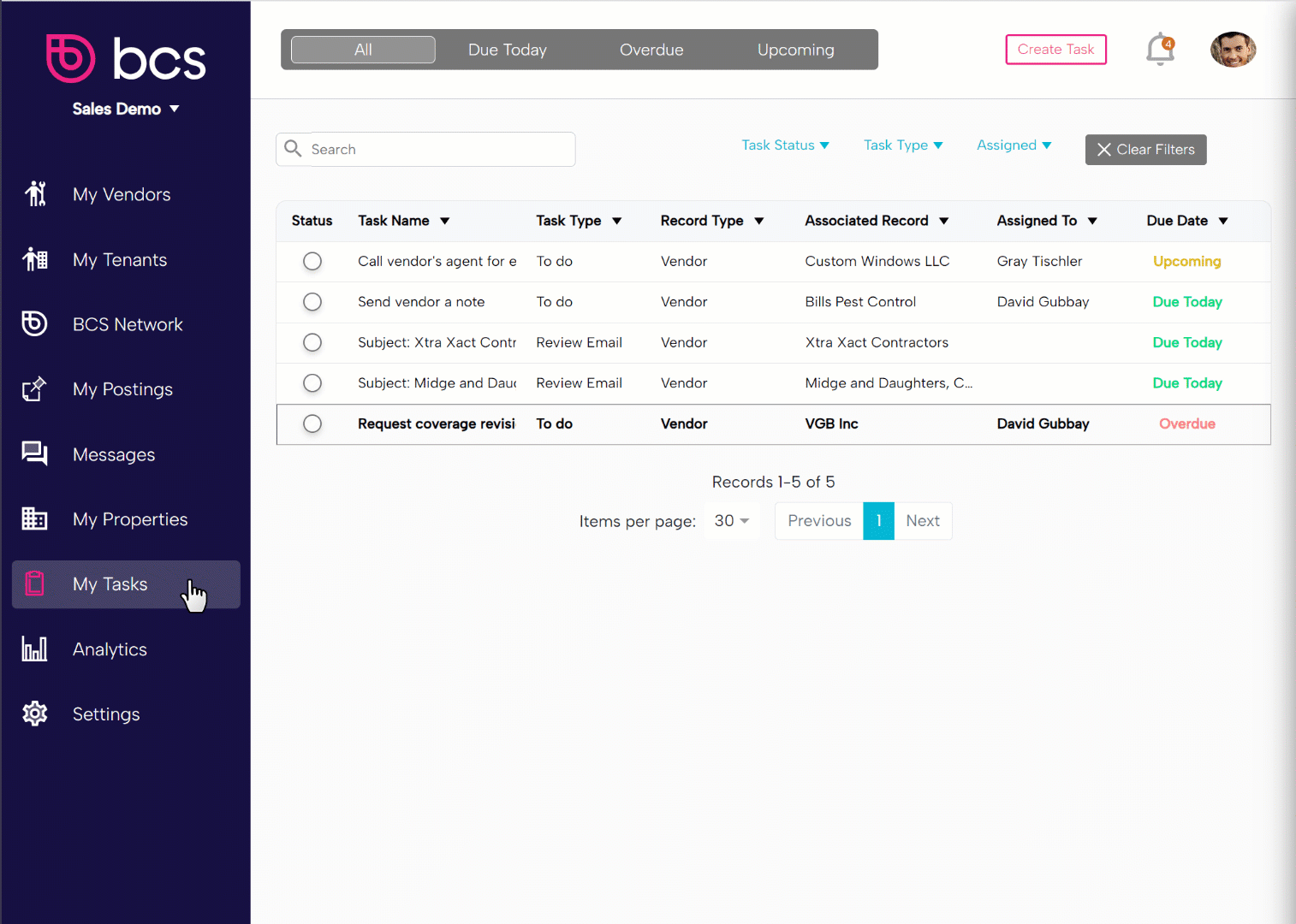 An animated gif from bcs insurance tracking software showing the task creation process.