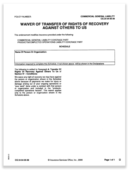 Waiver of Subrogation Form CG 24 04