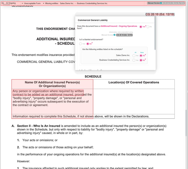 BCS matrix flagging a CG 20 10 (Ed. 12/19) scheduled endorsement for blanket language and missing additional insured entities