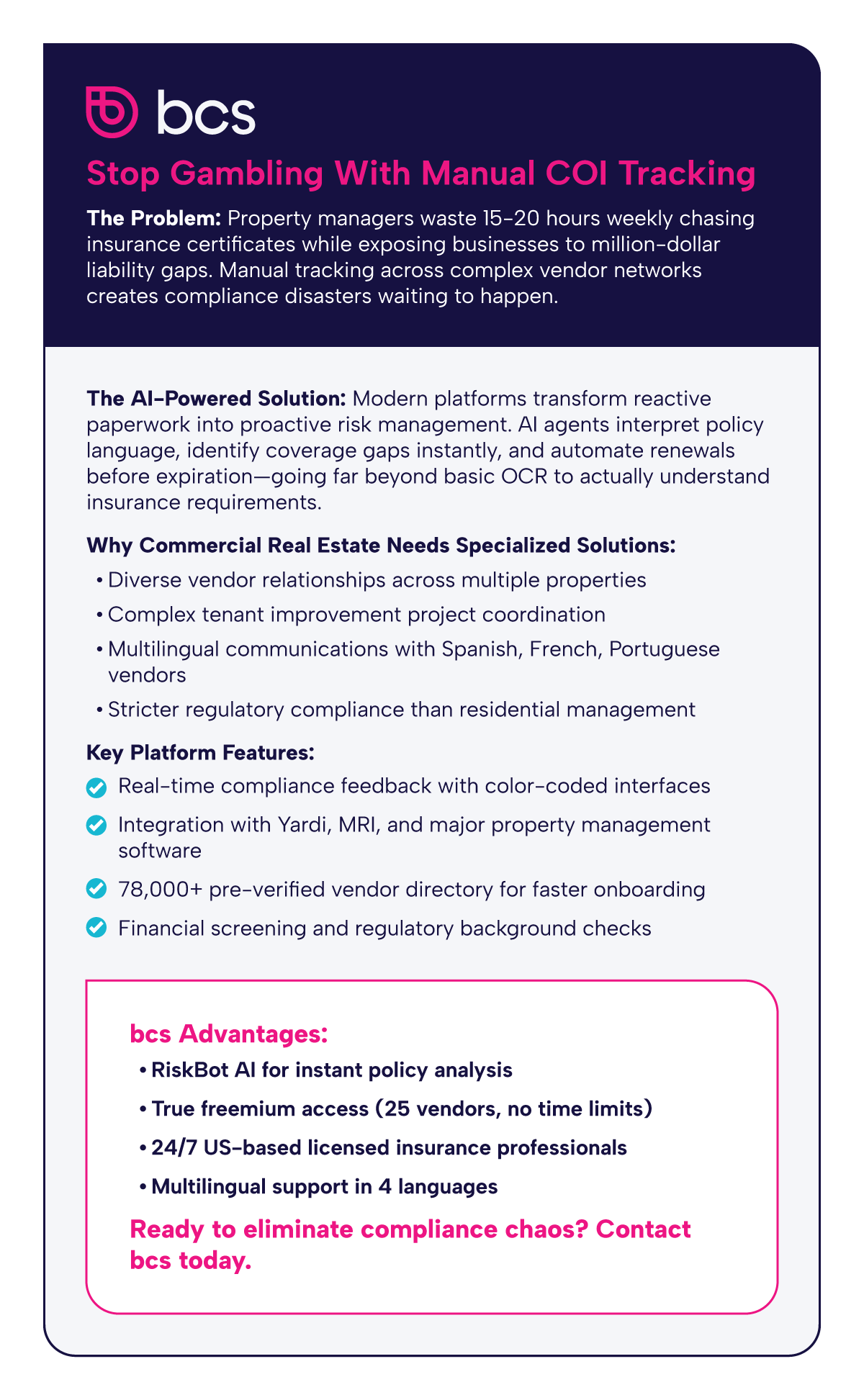 This infographic by BCS warns property managers waste 15-20 hours weekly chasing insurance certificates, creating liability gaps. BCS promotes their AI-powered solution with RiskBot AI, freemium access for 25 vendors, multilingual support, and 24/7 licensed professionals.