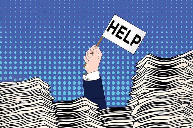 illustration of person drowning in paperwork holding up flag for help