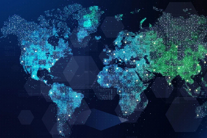 Digital world map with blue and green illuminated data points