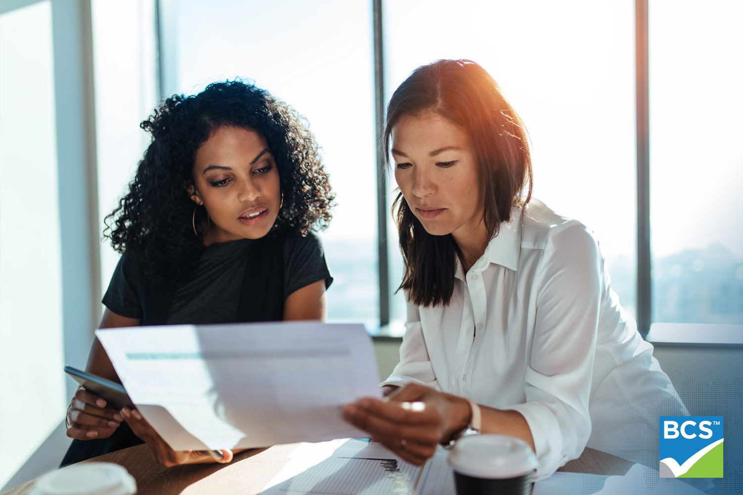 Business partners looking at paper