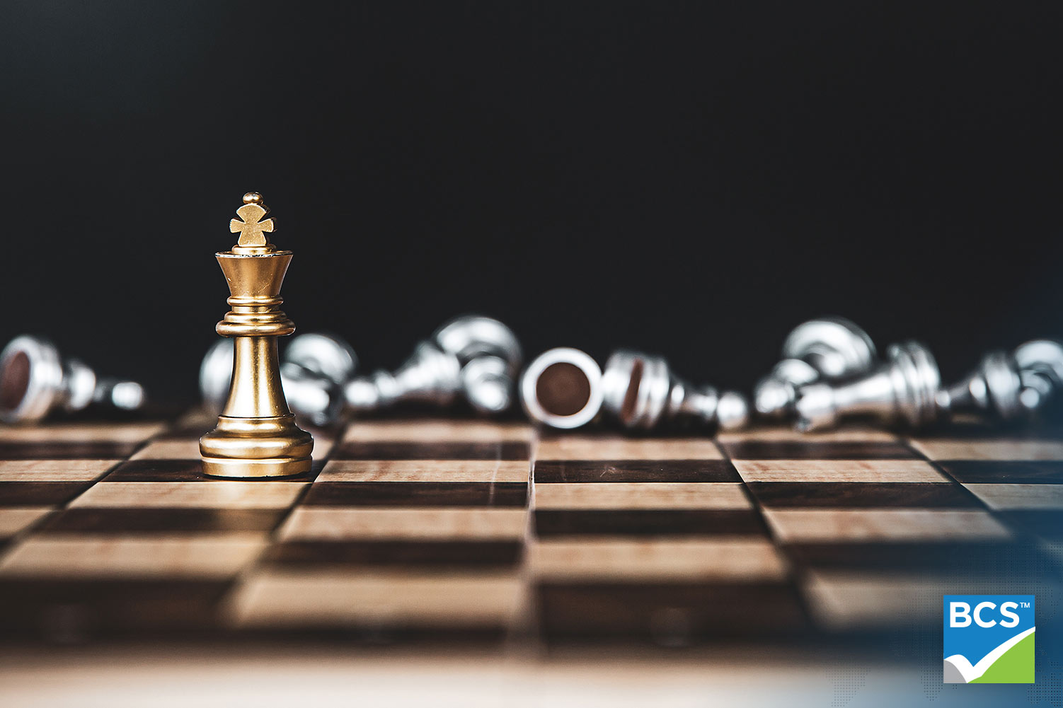 close up of chess piece on chessboard with fallen chess pieces in the background