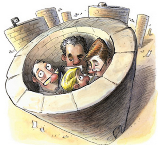 cartoon people hiding in a well