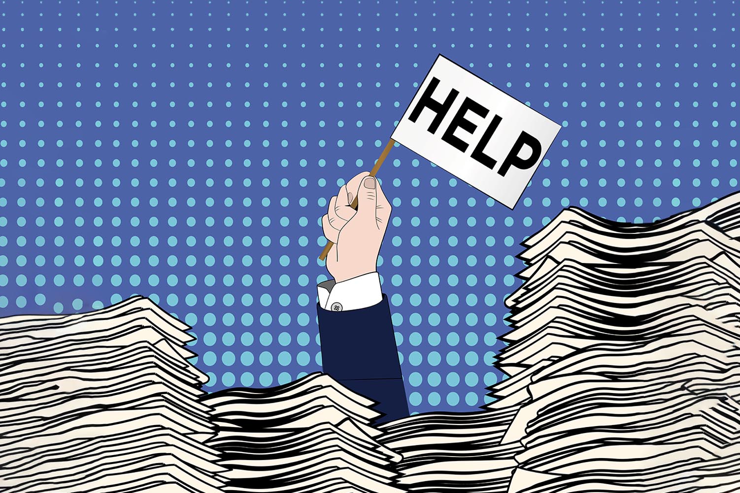illustration of person drowning in paperwork holding up flag for help